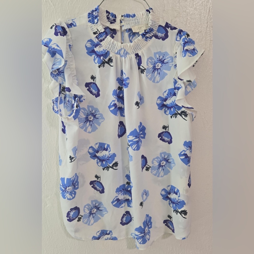LOFT Blue Ruffled Sleeveless Blouse with Bib Collar